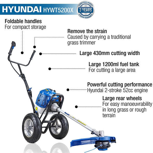 Hyundai 52cc Petrol Wheeled Grass Trimmer 43cm Cutting Width Large Wheels | HYWT5200X