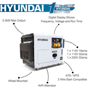 Hyundai 5.2kW / 6.5kVA* Diesel Generator, 3000rpm, 230v Single Phase Output, Silenced Standby Genset | DHY6000SE
