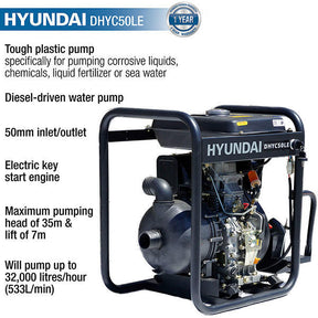 Hyundai 50mm 2" Diesel Chemical Water Pump, 35m Total Head, 7m Lift, 533L/min Flow Rate, 6hp, 296cc | DHYC50LE