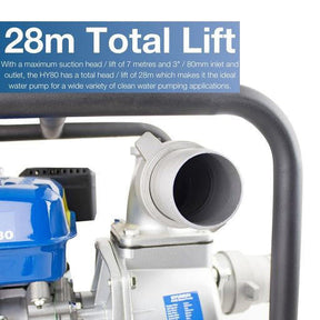Hyundai 80mm 3" Petrol Clean Water Pump, 28m Total Head, 7m Lift, 966L/min Flow Rate| HY80
