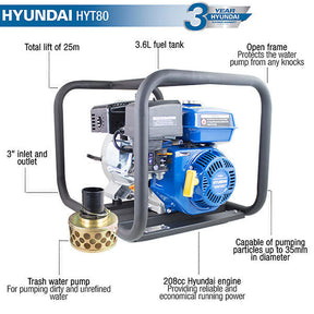Hyundai 75mm 3" Petrol Trash Water Pump, 25m Total Head, 7m Lift, 1,000L/min Flow Rate | HYT80