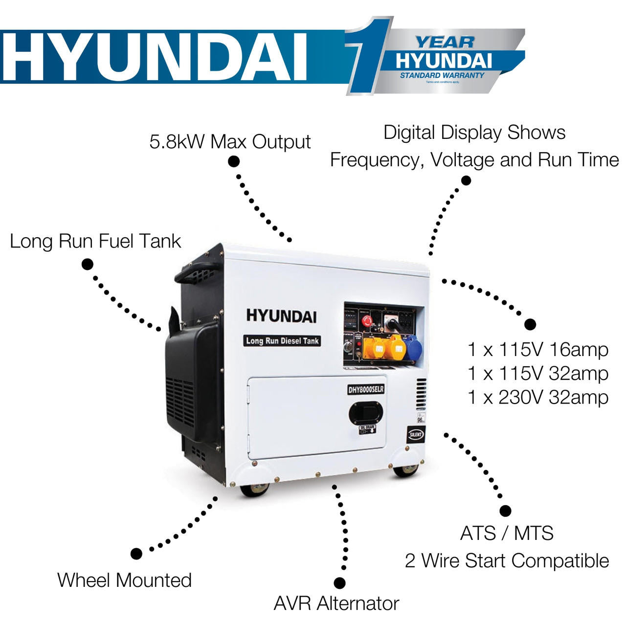 Hyundai 5.8kW / 7.5kVA* Silenced Diesel Generator, 3000rpm, Long Running Standby, 230v Single Phase Output | DHY8000SELR