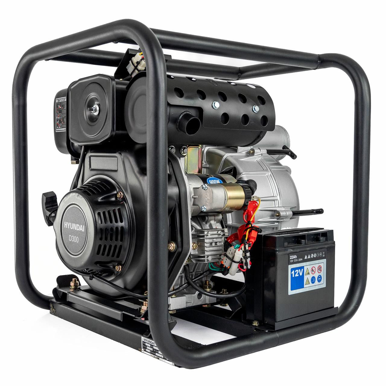 Hyundai 80mm 3" Electric Start Open Frame Diesel Trash Water Pump, 25m Total Head, 6m Lift, 880min Flow Rate, 6hp, 296cc | DHYT80E
