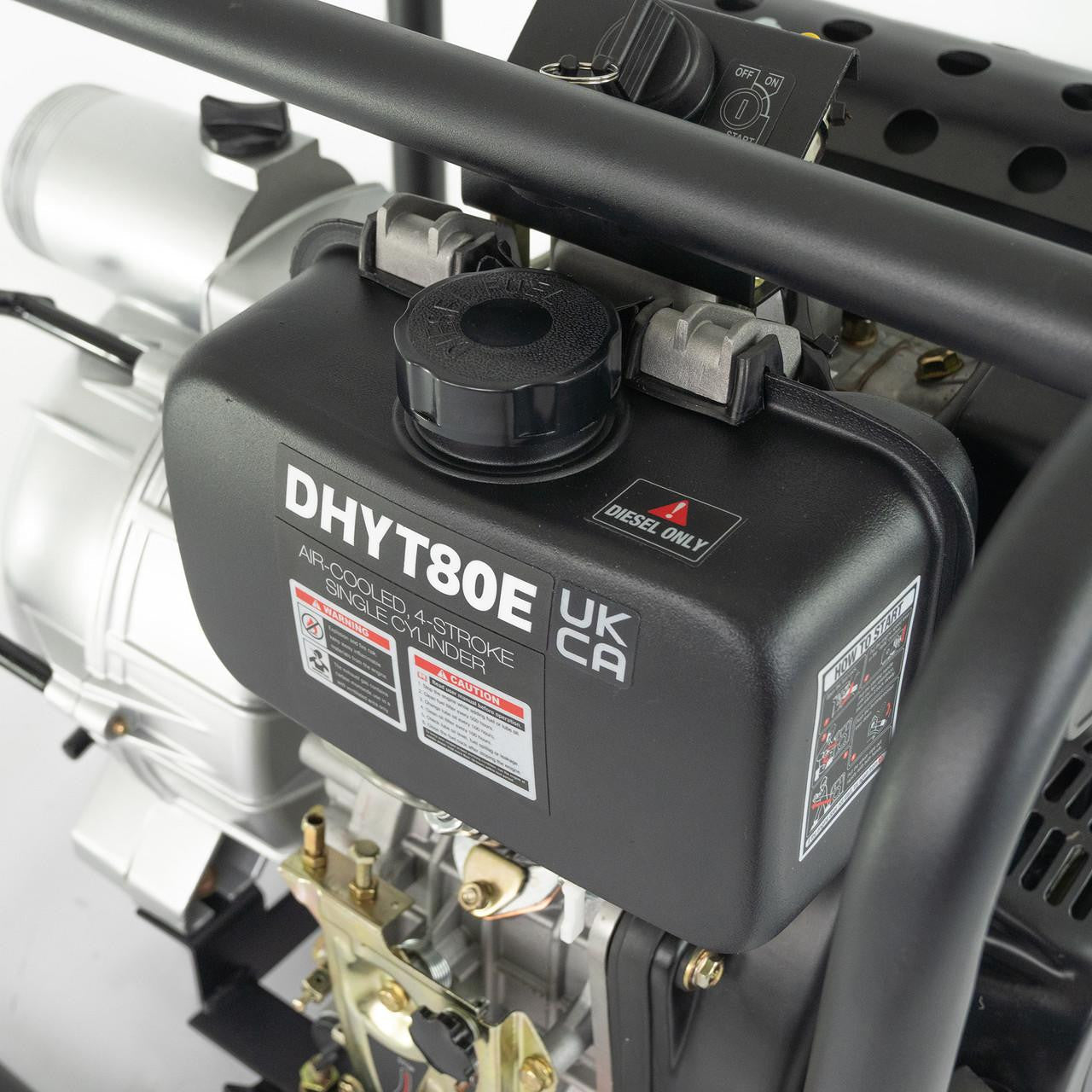 Hyundai 80mm 3" Electric Start Open Frame Diesel Trash Water Pump, 25m Total Head, 6m Lift, 880min Flow Rate, 6hp, 296cc | DHYT80E