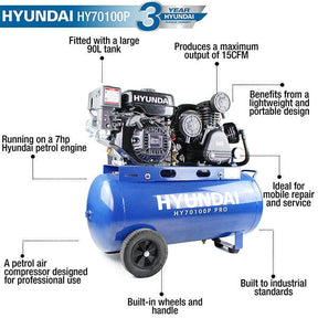 Hyundai 7hp 90L Heavy Duty Petrol Air Compressor 10.7CFM 145psi Belt Drive | HY70100P
