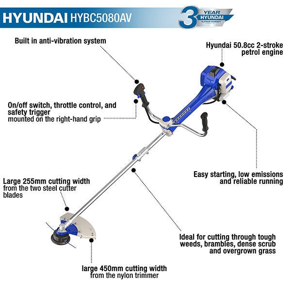 Hyundai 50.8cc Petrol Grass Trimmer / Brushcutter 'Cow Horn' Handles 45cm Cutting Width | HYBC5080AV