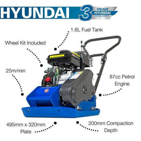 Hyundai 50kg, 32cm, 78.5cc Petrol Plate Compactor,Wheel Kit and Paving Pad | HYCP5030