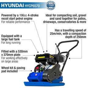 Hyundai 60kg, 37cm, 196cc Petrol Plate Compactor, Wheel Kit and Paving Pad | HYCP6570