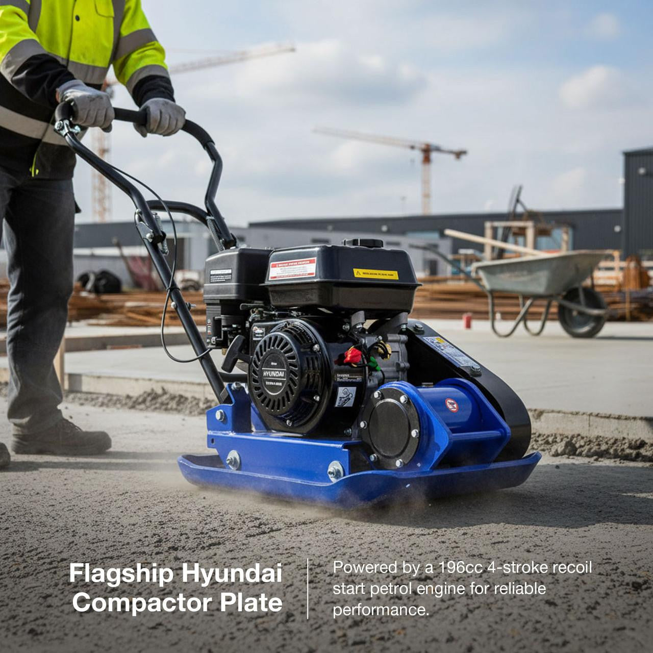 Hyundai 81.5kg, 42cm, 196cc Petrol Plate Compactor, Wheel Kit and Paving Pad | HYCP9070