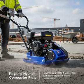 Hyundai 81.5kg, 42cm, 196cc Petrol Plate Compactor, Wheel Kit and Paving Pad | HYCP9070