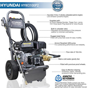 Hyundai 3100psi 213bar Petrol Pressure Washer 10L/min  212cc Engine, Annovi Reverberi (AR) Pump| HYW3100P2