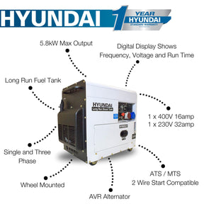 Hyundai 5.8kW / 7.5kVA* Diesel Generator, Multi-phase 230v & 400v, Max Power Three Phase / Single Phase, Long Run Tank | DHY8000SELR-T