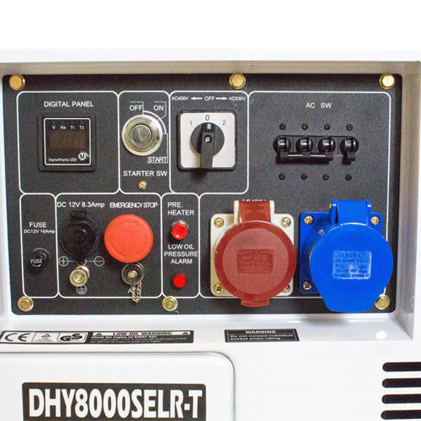 Hyundai 5.8kW / 7.5kVA* Diesel Generator, Multi-phase 230v & 400v, Max Power Three Phase / Single Phase, Long Run Tank | DHY8000SELR-T