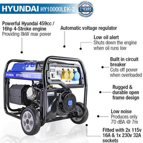 Hyundai 8kW / 10kVA* Petrol Open Frame Site Generator, Recoil and Electric Start | HY10000LEK-2