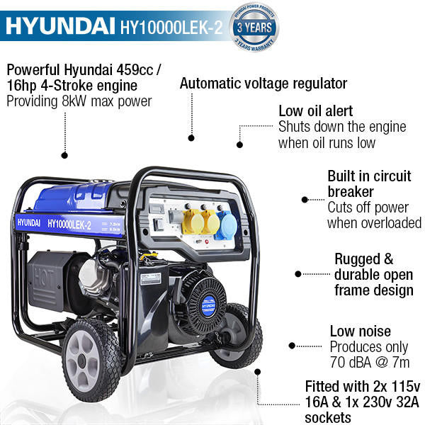 Hyundai 8kW / 10kVA* Petrol Open Frame Site Generator, Recoil and Electric Start | HY10000LEK-2
