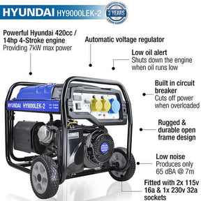 Hyundai 7kW / 8.75kVA* Petrol Open Frame Site Generator with Electric Start & Wheel Kit | HY9000LEK-2