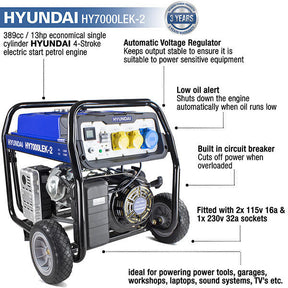 Hyundai 5.5kW / 6.8kVA* Petrol Site Open Frame Generator with Electric, Recoil Start & Wheel Kit| HY7000LEK-2
