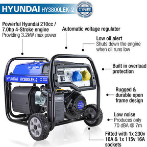 Hyundai 3.2kW / 4kVA* Petrol Site Open Generator with Electric, Recoil Start & Wheel Kit| HY3800LEK-2