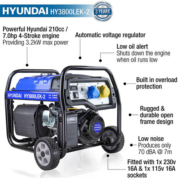 Hyundai 3.2kW / 4kVA* Petrol Site Open Generator with Electric, Recoil Start & Wheel Kit| HY3800LEK-2