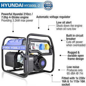 Hyundai 3.2kW / 4kVA* Petrol Site Open Generator with Recoil Start | HY3800L-2