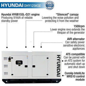 Hyundai 100kW / 125kVA* Three Phase, 400v /230v Diesel Generator, 1500rpm Water-cooled Slow Running Genset, Silenced Canopy | DHY125KSE