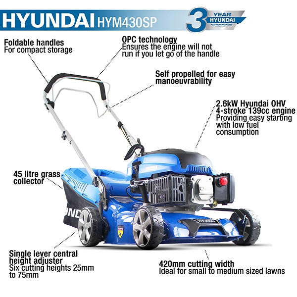 Hyundai 17" / 42cm 139cc Self-Propelled Petrol Lawnmower, 25-75mm Cuts, Rear Discharge | HYM430SP