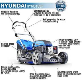 Hyundai 20" / 51cm 196cc 4-in-1 Self-Propelled Petrol Lawnmower, Mulch, Rear & Side Discharge, Hose Connector| HYM510SP