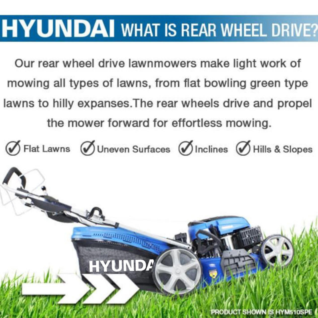 Hyundai 20" / 51cm 196cc 4-in-1 Self-Propelled Petrol Lawnmower, Mulch, Rear & Side Discharge, Hose Connector| HYM510SP