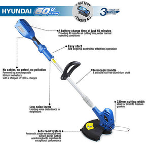 Hyundai 60v Cordless Grass Trimmer 2.5Ah Li-ion Battery and Charger 33cm Cutting Width | HYTR60LI