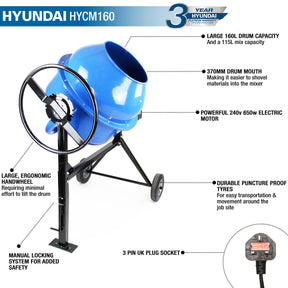 Hyundai 650w 160L Portable Electric Cement Concrete Mixer 230v | HYCM160E