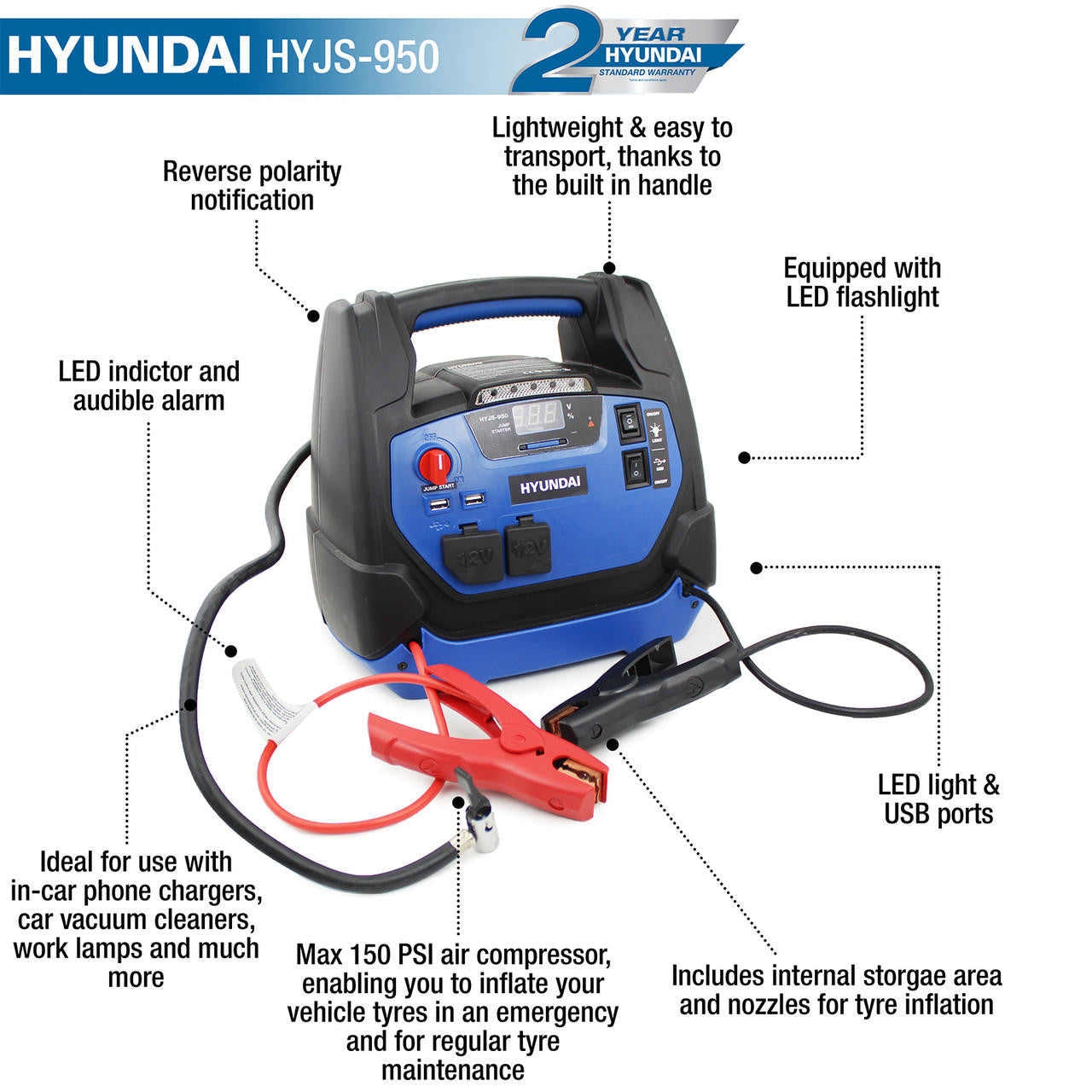 Hyundai 12v All In One Jump Starter With Air Compressor, LED Light and USB Charging | HYJS-950