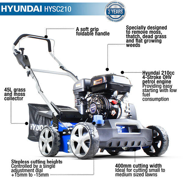 Hyundai 16'' / 40cm 212cc Petrol Lawn Scarifier and Aerator 4-Stroke | HYSC210