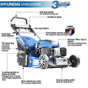 Hyundai 21" / 53cm 196cc Electric -Start Self-Propelled Petrol Roller Lawnmower, 70L Catcher & Rear Discharge | HYM530SPER