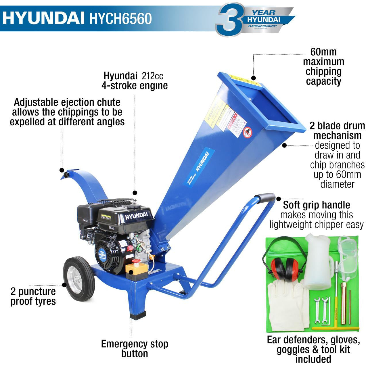 Hyundai 212cc 60mm Petrol Garden Wood Chipper, Shredder 4-Stroke Engine | HYCH6560