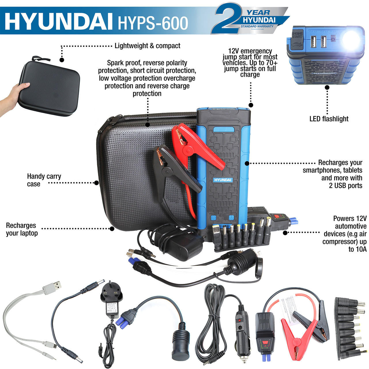 Hyundai 12V Portable Power Bank And Jump Starter 600A, 15000mAh | HYPS600