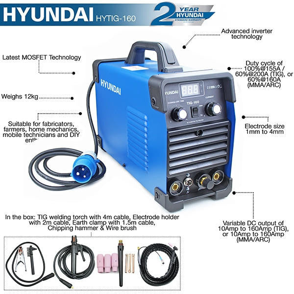 Hyundai 160A TIG / MMA / ARC Inverter Welder Single Phase 230V | HYTIG160