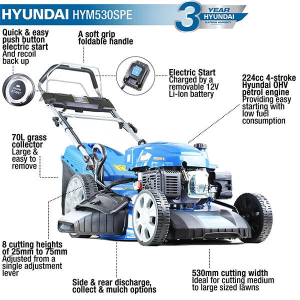 Hyundai 21'' / 53cm 224cc 4-in-1 Electric-Start Self-Propelled Petrol Lawnmower, Mulch, Rear & Side Discharge, Hose Connector | HYM530SPE