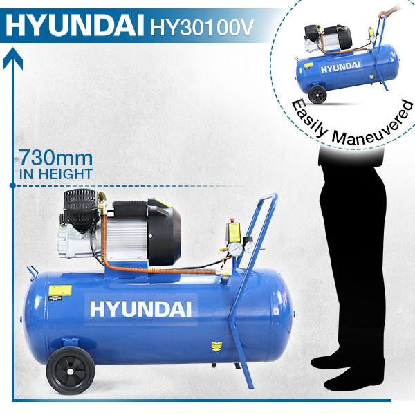 Hyundai 3hp 100L Portable Electric Air Compressor 14CFM 116psi Direct Drive V-Twin | HY30100V