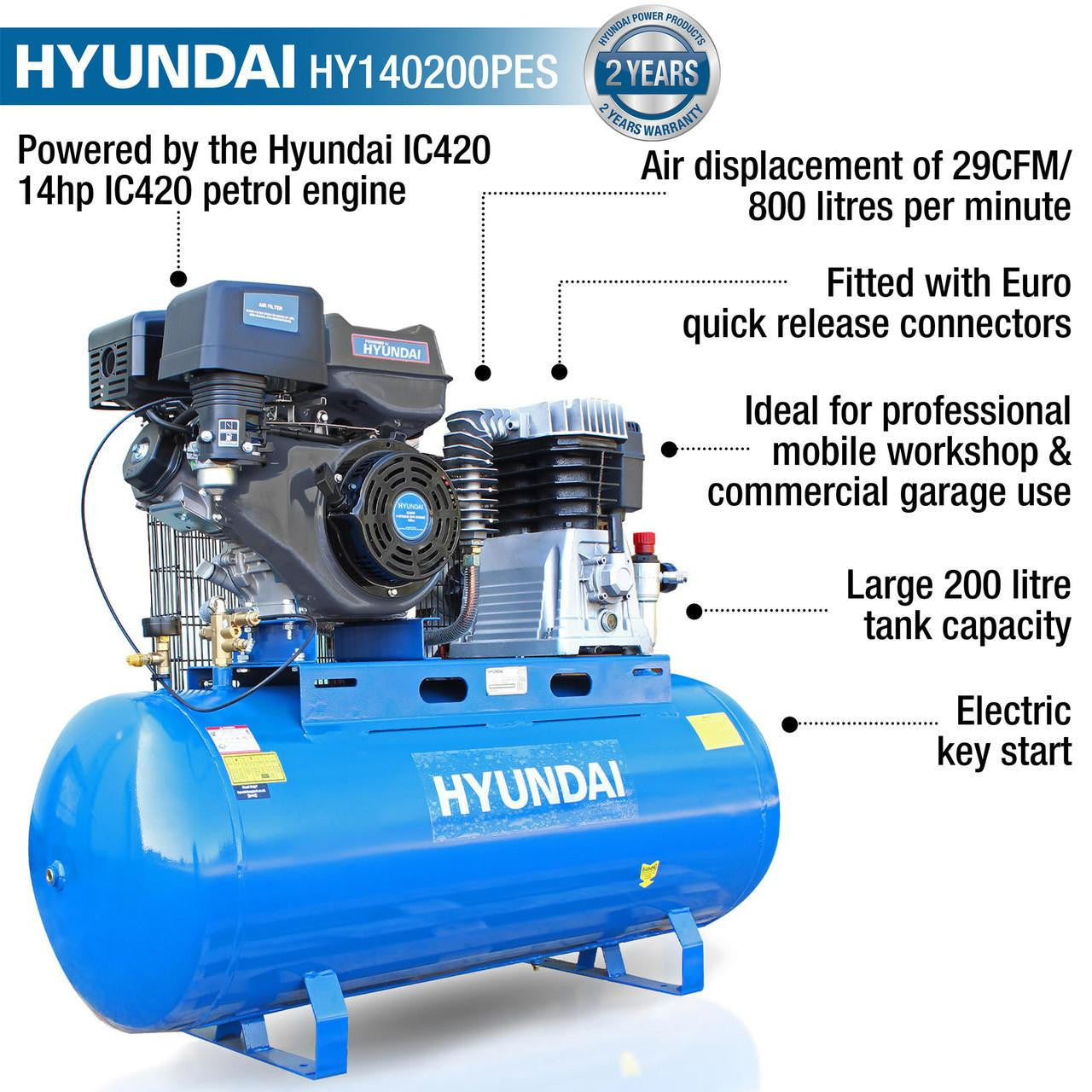 Hyundai 14hp 200L Petrol Belt Driven Air Compressor 29CFM 145psi | HY140200PES