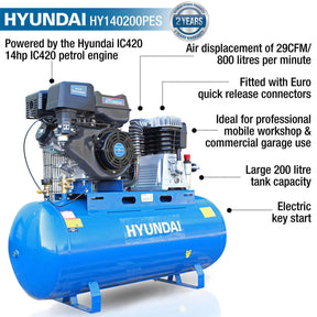 Hyundai 14hp 200L Petrol Belt Driven Air Compressor 29CFM 145psi | HY140200PES