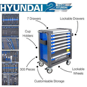 Hyundai 305 Piece Tool Set, 7 Drawer Caster Mounted Roller Tool Chest Cabinet | HYTC9003