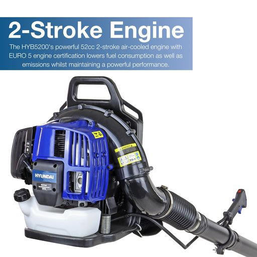 Hyundai 52cc Backpack Petrol Leaf Blower, 170mph Air Speed, 2-Stroke | HYB5200