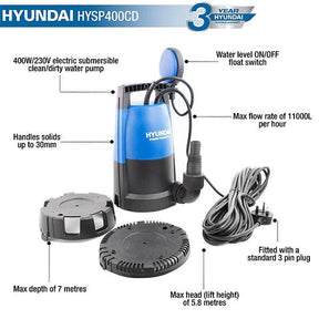 Hyundai 400W Submersible Water Pump, 25-32mm / 1 - 1/4" Hose, Clean and Dirty Water, 5.8m Lift | HYSP400CD