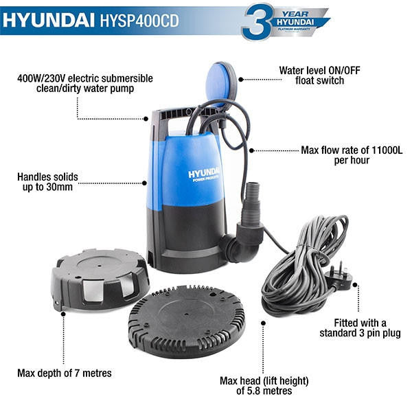 Hyundai 400W Submersible Water Pump, 25-32mm / 1 - 1/4" Hose, Clean and Dirty Water, 5.8m Lift | HYSP400CD