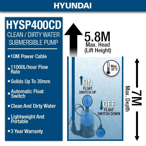 Hyundai 400W Submersible Water Pump, 25-32mm / 1 - 1/4" Hose, Clean and Dirty Water, 5.8m Lift | HYSP400CD