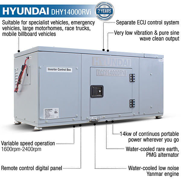 Hyundai Diesel 14kW Underslung Vehicle Mounted RVi Generator, Pure Sine Wave Output, Includes Fitting & Panel | DHY14000RVi