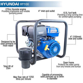 Hyundai 100mm 4" Petrol Clean Water Pump, 20m Total Head, 7m Lift, 1250L/min Flow Rate| HY100