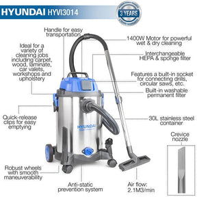 Hyundai 1400W 30L 3-In-1 Wet and Dry Electric Vacuum Cleaner HEPA type Filtration | HYVI3014