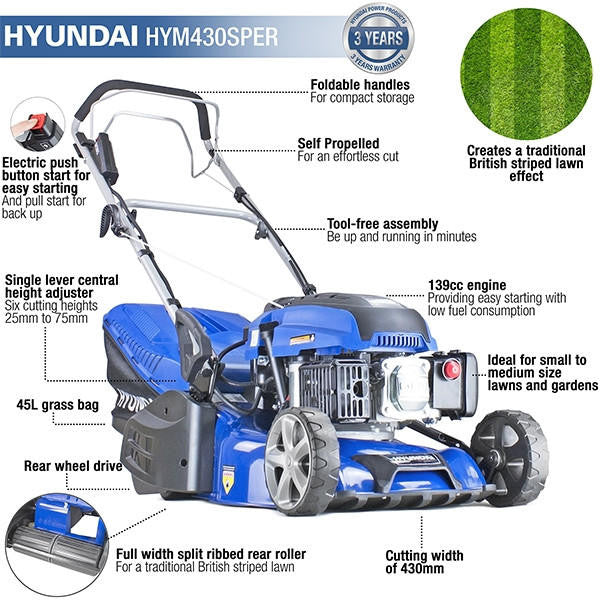 Hyundai 17"/43cm 139cc Electric-Start Self-Propelled Petrol Roller Lawnmower | HYM430SPER