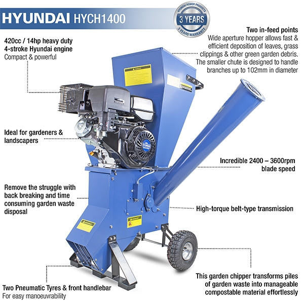 Hyundai 420cc 102mm Petrol Garden Wood Chipper, Shredder, Mulcher 4-Stroke Engine| HYCH1400